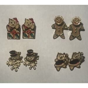 Lot Of 4 Vintage Enamel Christmas Holiday Earrings Cats Snowman Gingerbread Man